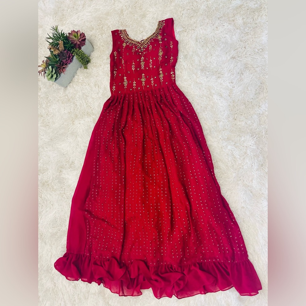 Red dress with pant.